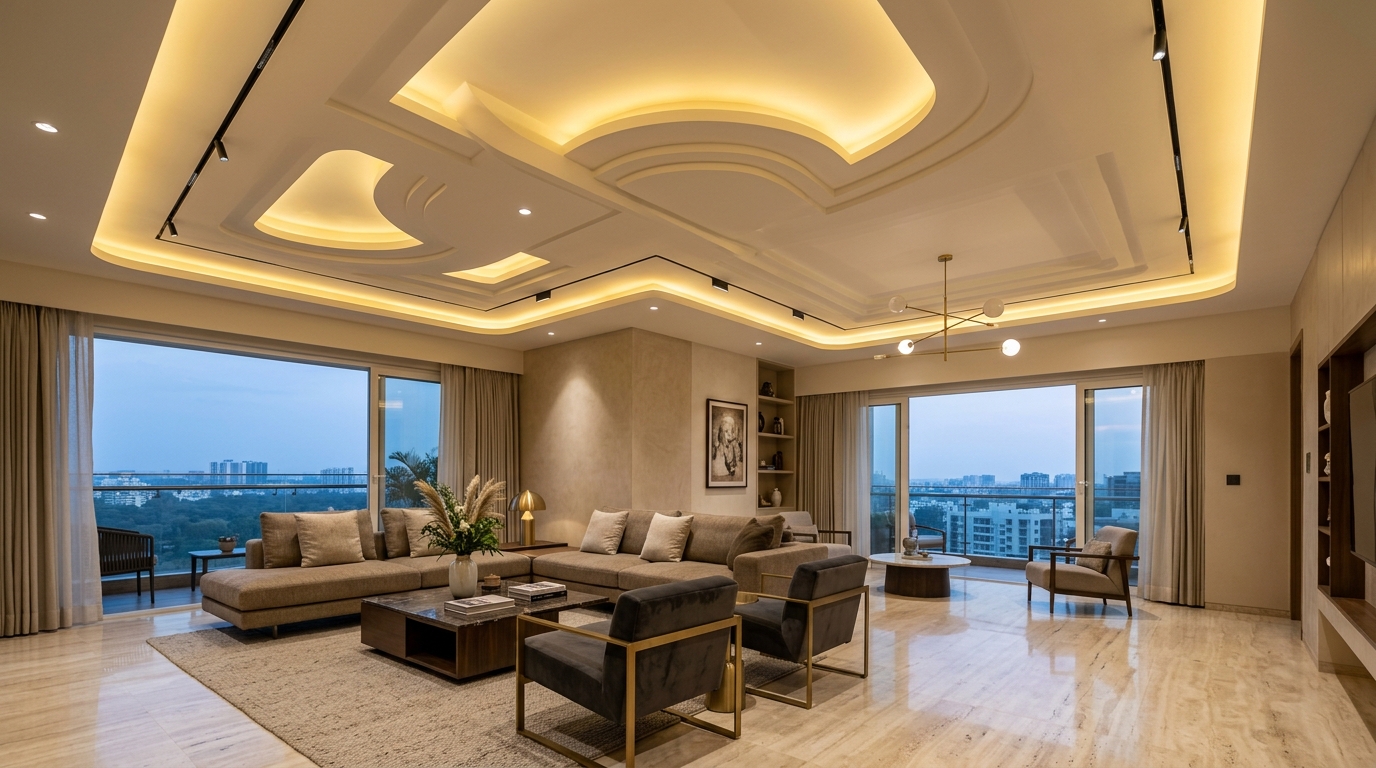 Designer architectural false ceiling with warm ambient cove lighting and magnetic tracks by My Decor Factory