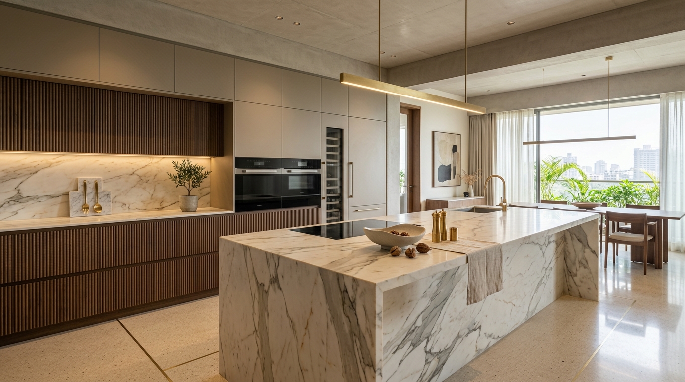 Luxury finished residential modular kitchen with Calacatta marble island and bespoke cabinetry by My Decor Factory